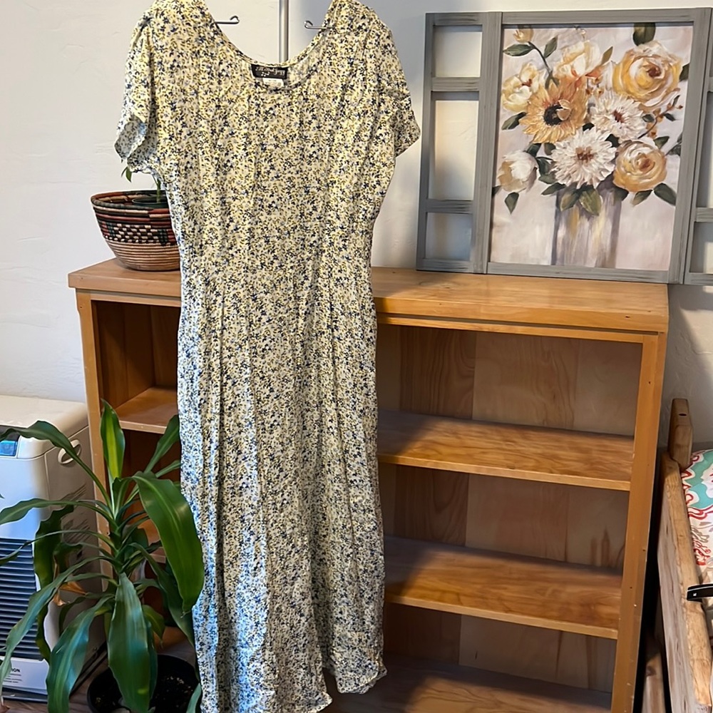 Vintage long maxi dress, green and blue floral